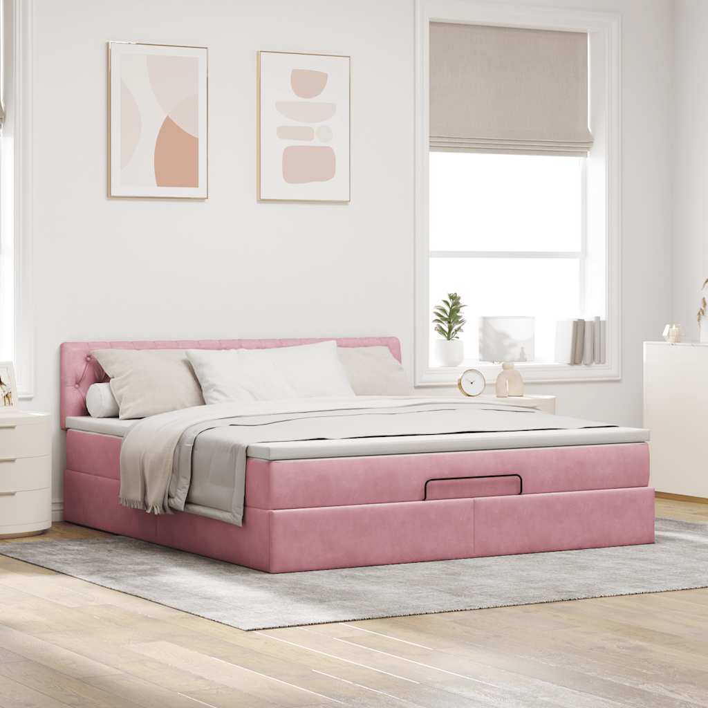 Cama otomana com colchão & leds 180x200cm veludo rosa