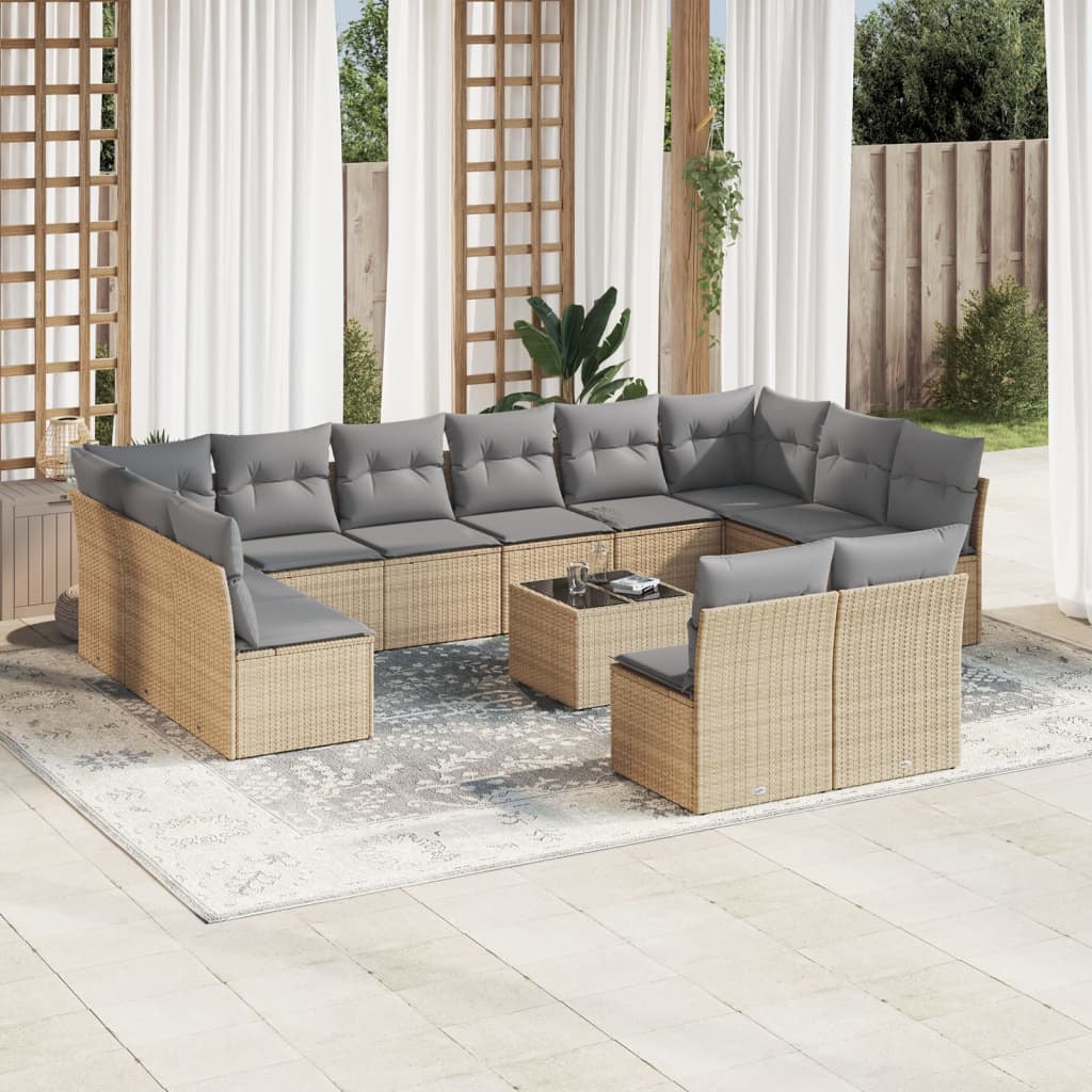 13 Pcs conjunto de sofás p/ jardim com almofadões vime PE bege