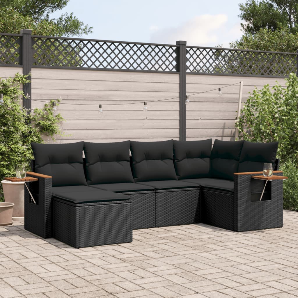 6 Pcs conjunto sofás de jardim c/ almofadões vime PE preto