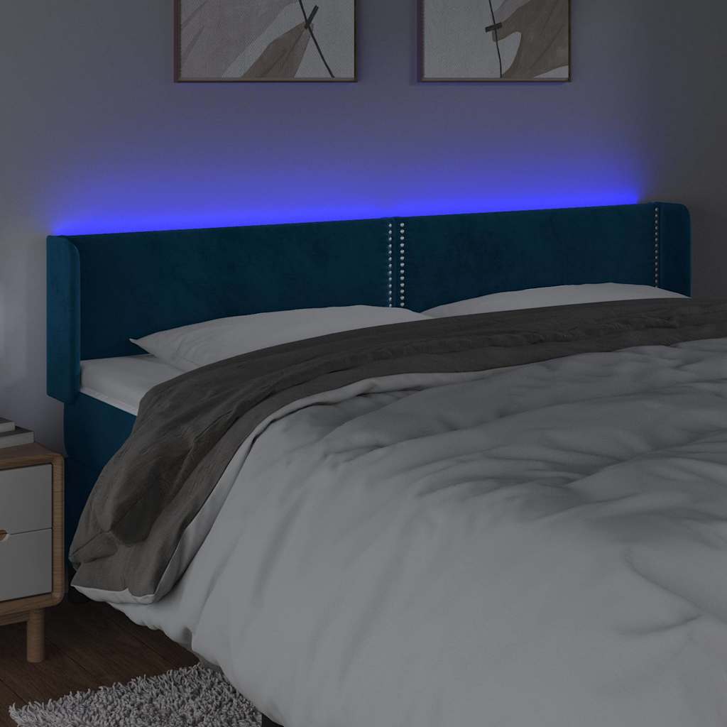 Cabeceira cama c/ luzes LED veludo 203x16x78/88 cm azul-escuro