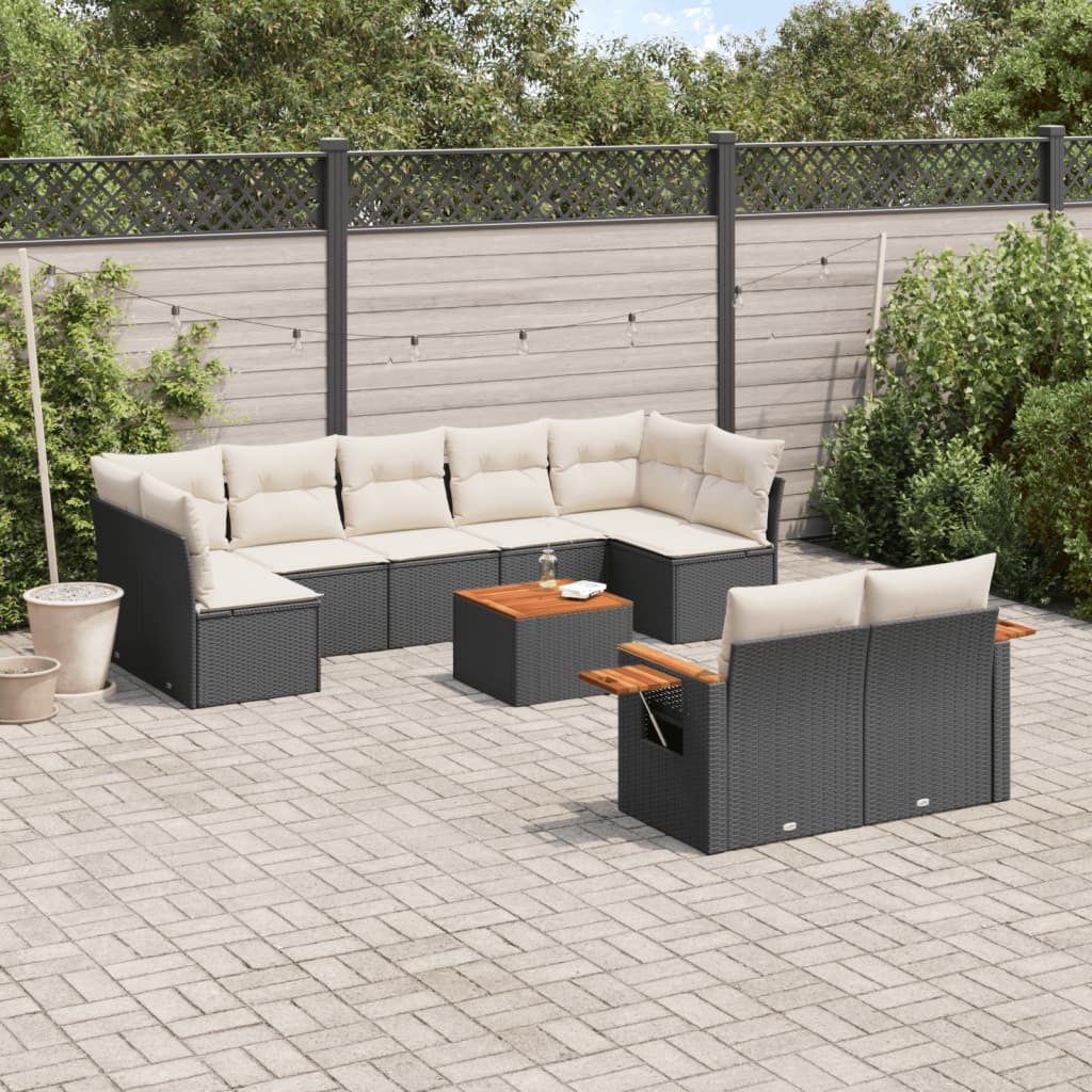 10 Pcs conjunto sofás de jardim c/ almofadões vime PE preto