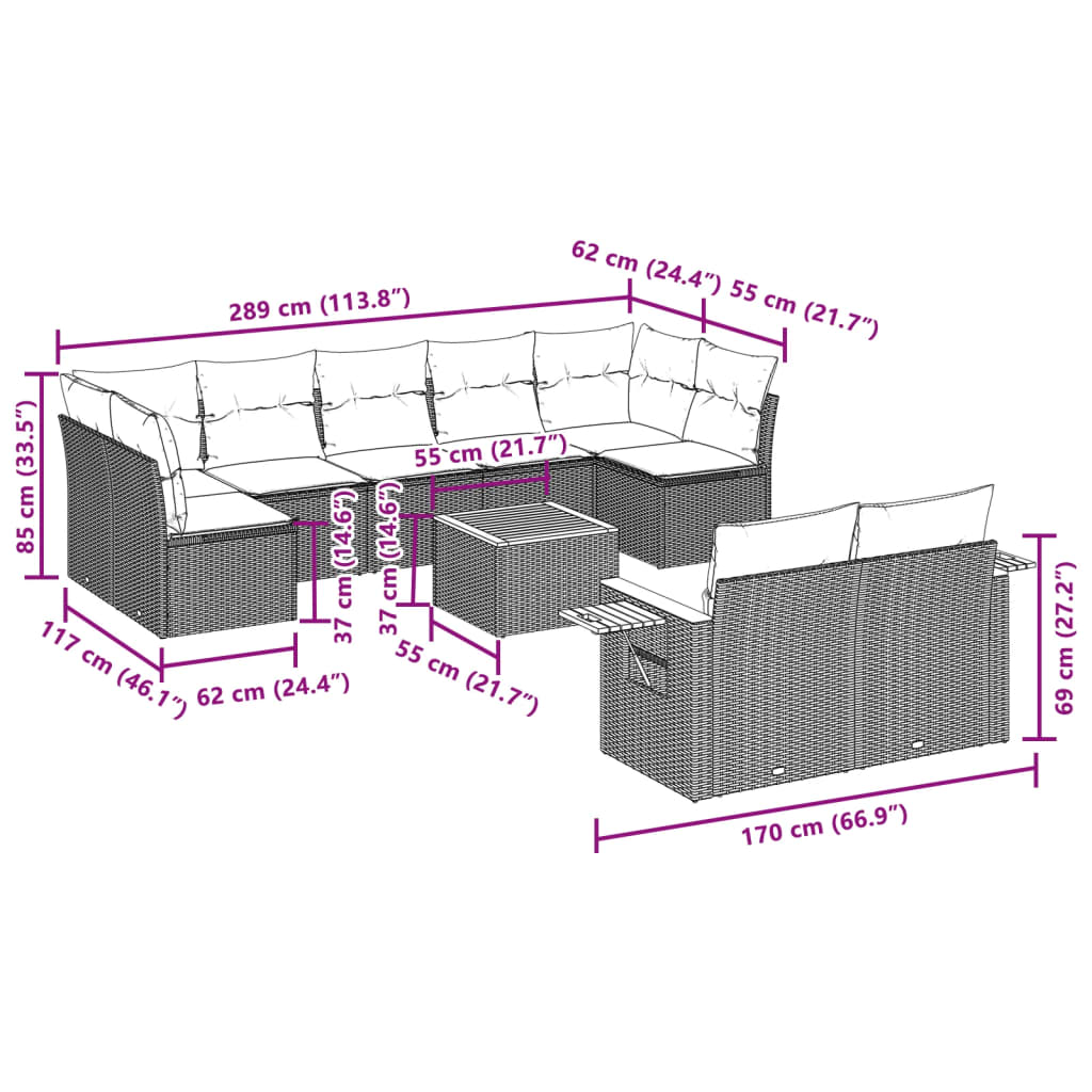10 Pcs conjunto sofás de jardim c/ almofadões vime PE preto