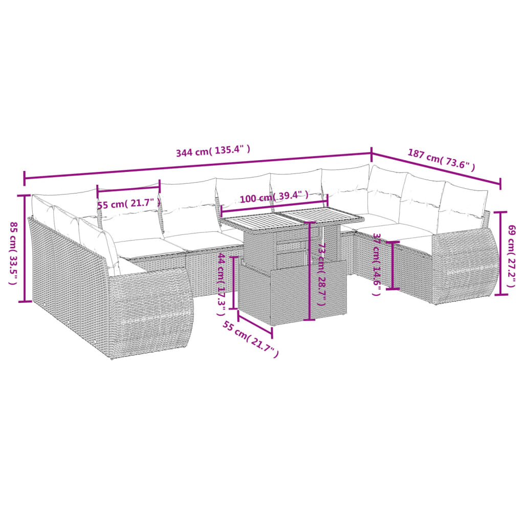 11 Pcs conjunto sofás de jardim c/ almofadões vime PE preto