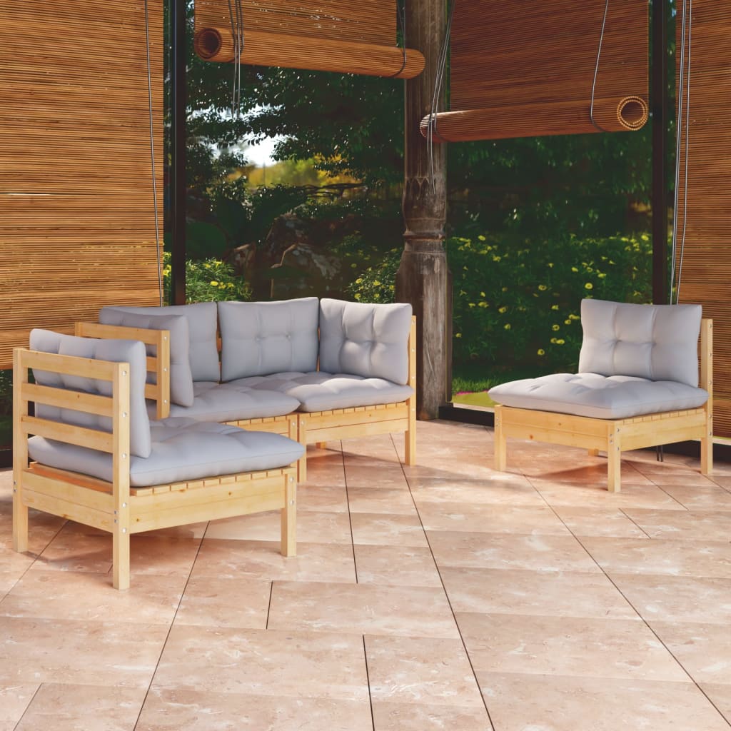 4 Pcs conjunto lounge de jardim + almofadões cinza pinho maciço