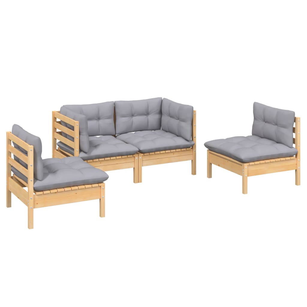 4 Pcs conjunto lounge de jardim + almofadões cinza pinho maciço