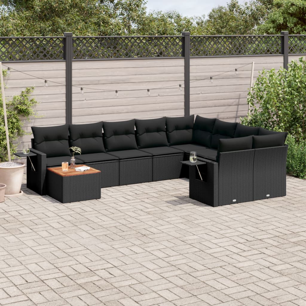 10 Pcs conjunto sofás de jardim c/ almofadões vime PE preto