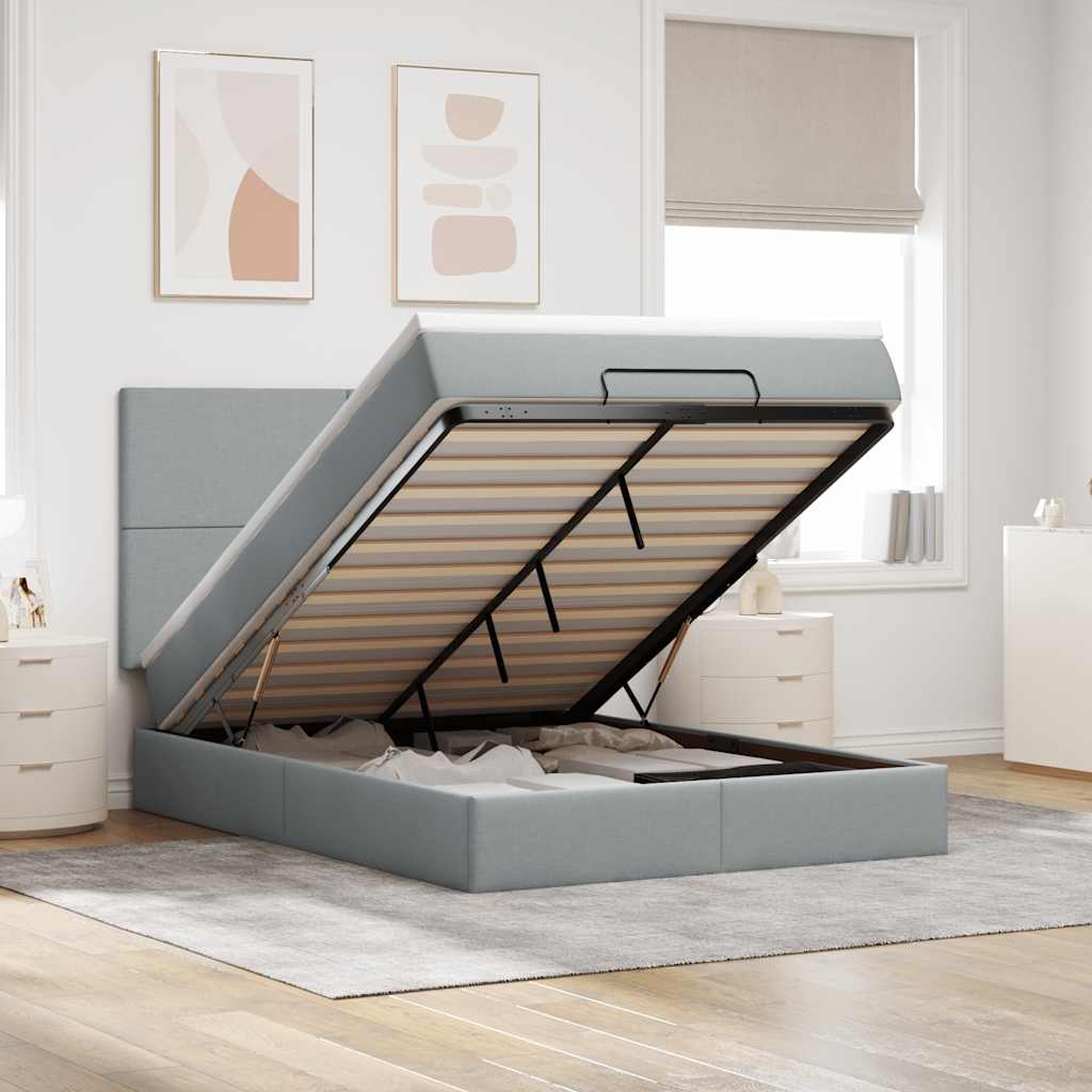 Estrutura cama otomana colchão 140x200cm tecido cinzento claro