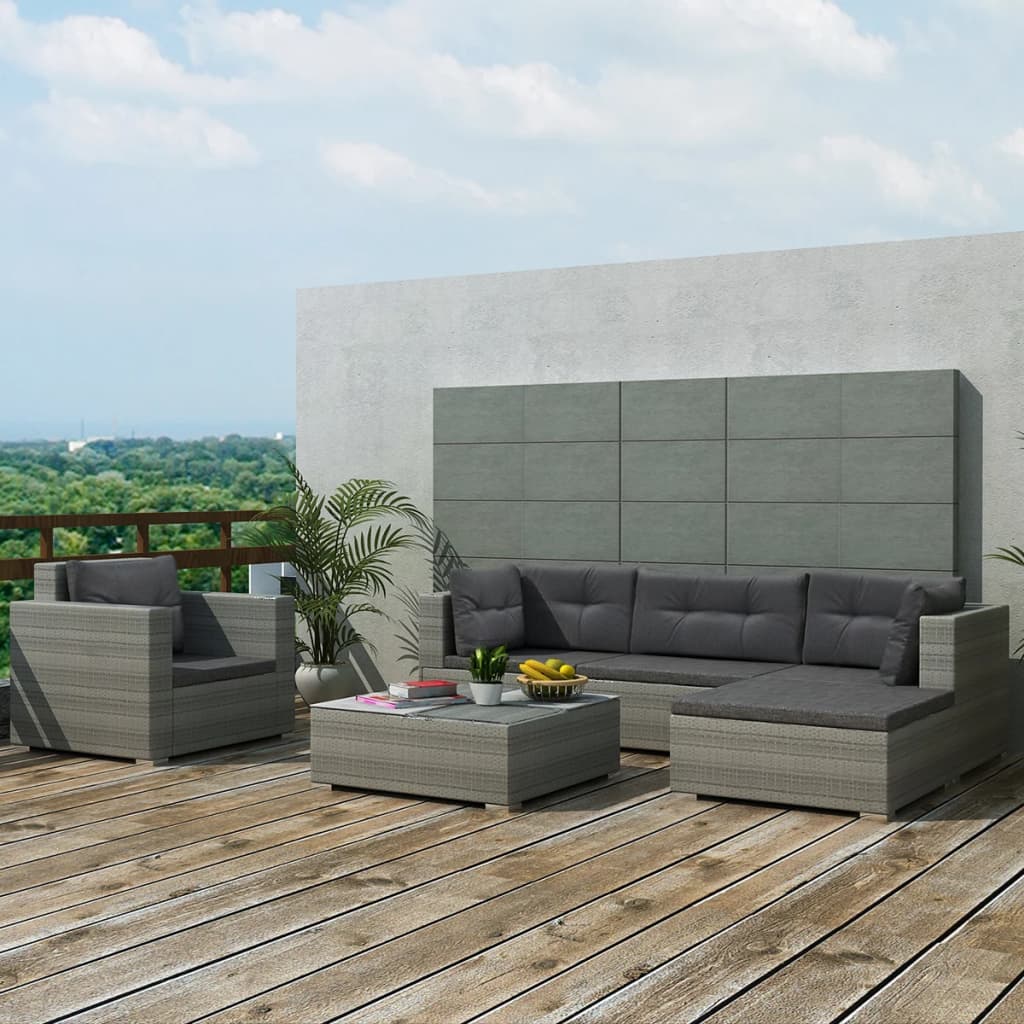 6 Pcs conjunto lounge de jardim c/ almofadões vime PE cinzento