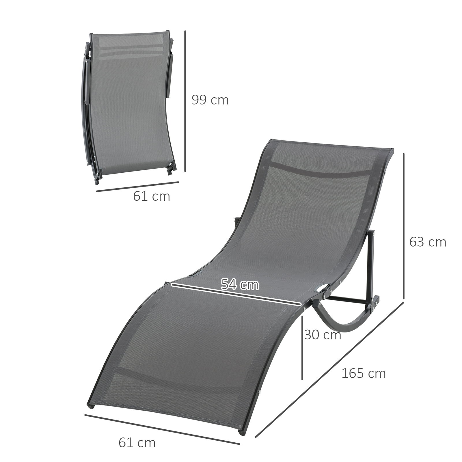 Conjunto 2 espreguiçadeiras ergonômicas dobráveis em forma de s com estrutura de alumínio textilene para piscina pátio jardim e varanda 165x61x63cm cinza