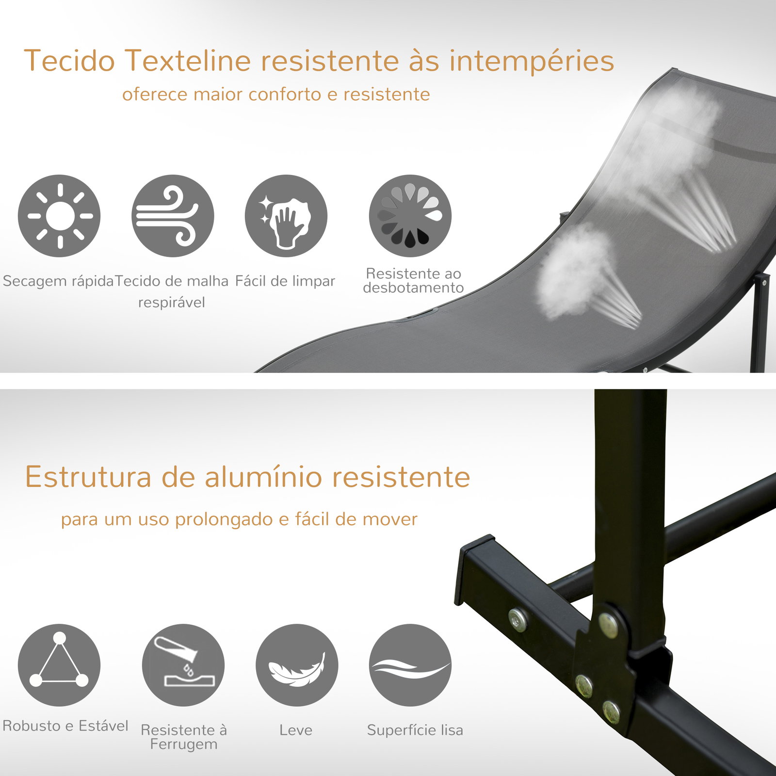 Conjunto 2 espreguiçadeiras ergonômicas dobráveis em forma de s com estrutura de alumínio textilene para piscina pátio jardim e varanda 165x61x63cm cinza