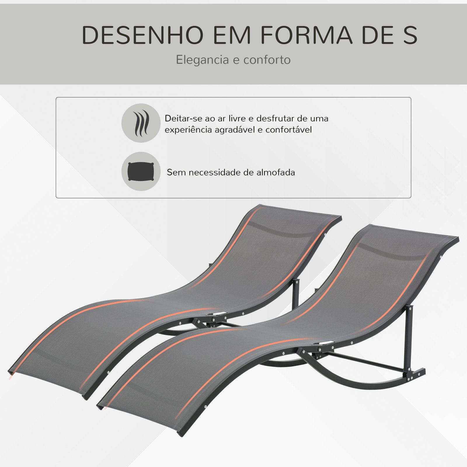 Conjunto 2 espreguiçadeiras ergonômicas dobráveis em forma de s com estrutura de alumínio textilene para piscina pátio jardim e varanda 165x61x63cm cinza