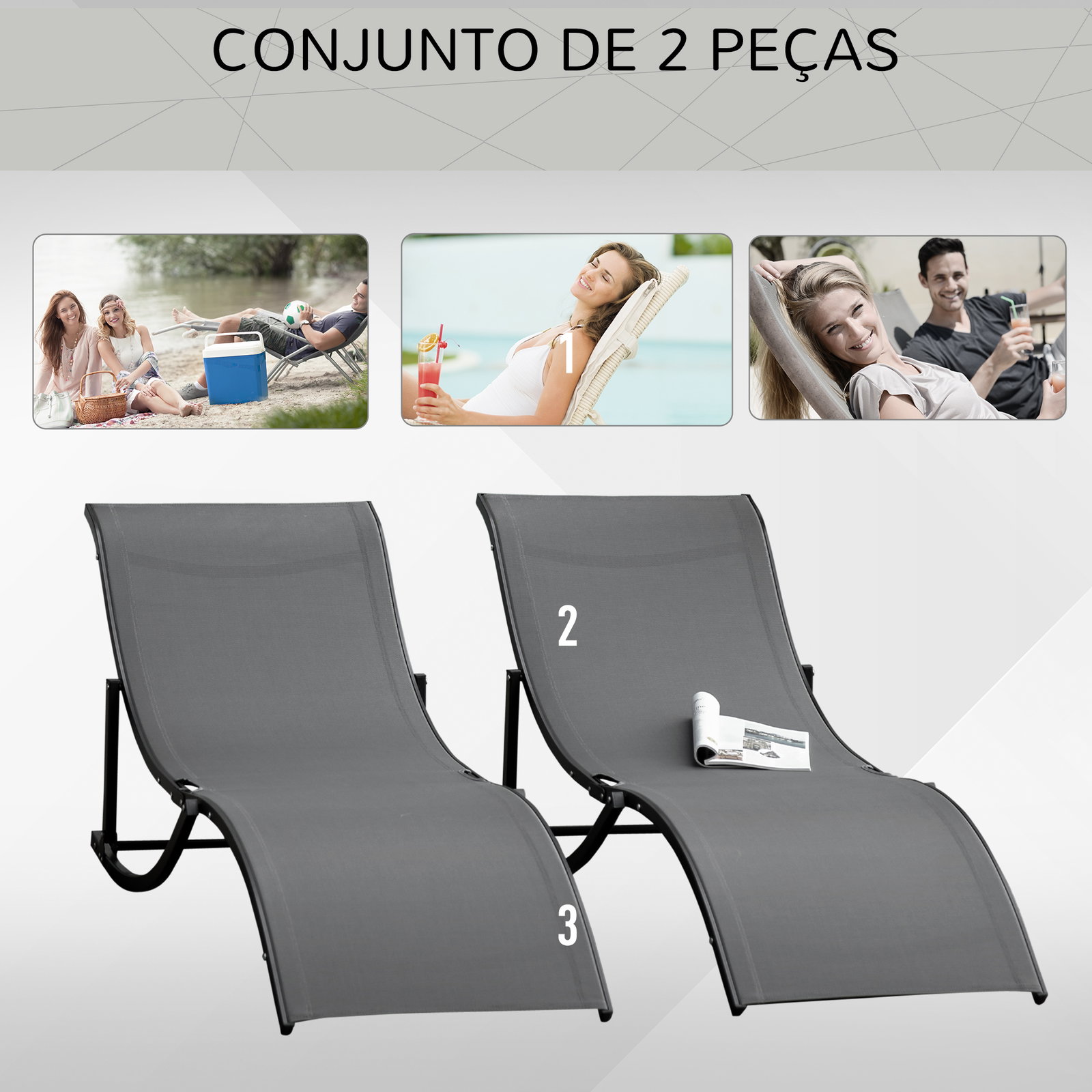 Conjunto 2 espreguiçadeiras ergonômicas dobráveis em forma de s com estrutura de alumínio textilene para piscina pátio jardim e varanda 165x61x63cm cinza