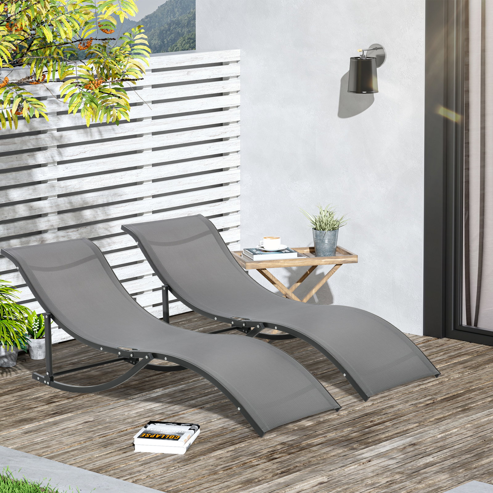 Conjunto 2 espreguiçadeiras ergonômicas dobráveis em forma de s com estrutura de alumínio textilene para piscina pátio jardim e varanda 165x61x63cm cinza