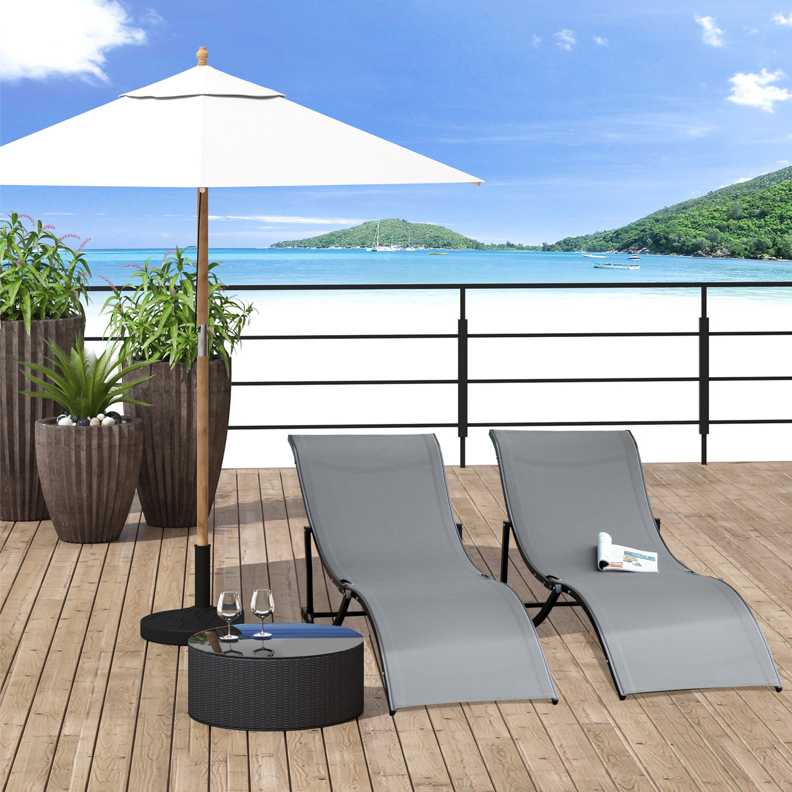 Conjunto 2 espreguiçadeiras ergonômicas dobráveis em forma de s com estrutura de alumínio textilene para piscina pátio jardim e varanda 165x61x63cm cinza