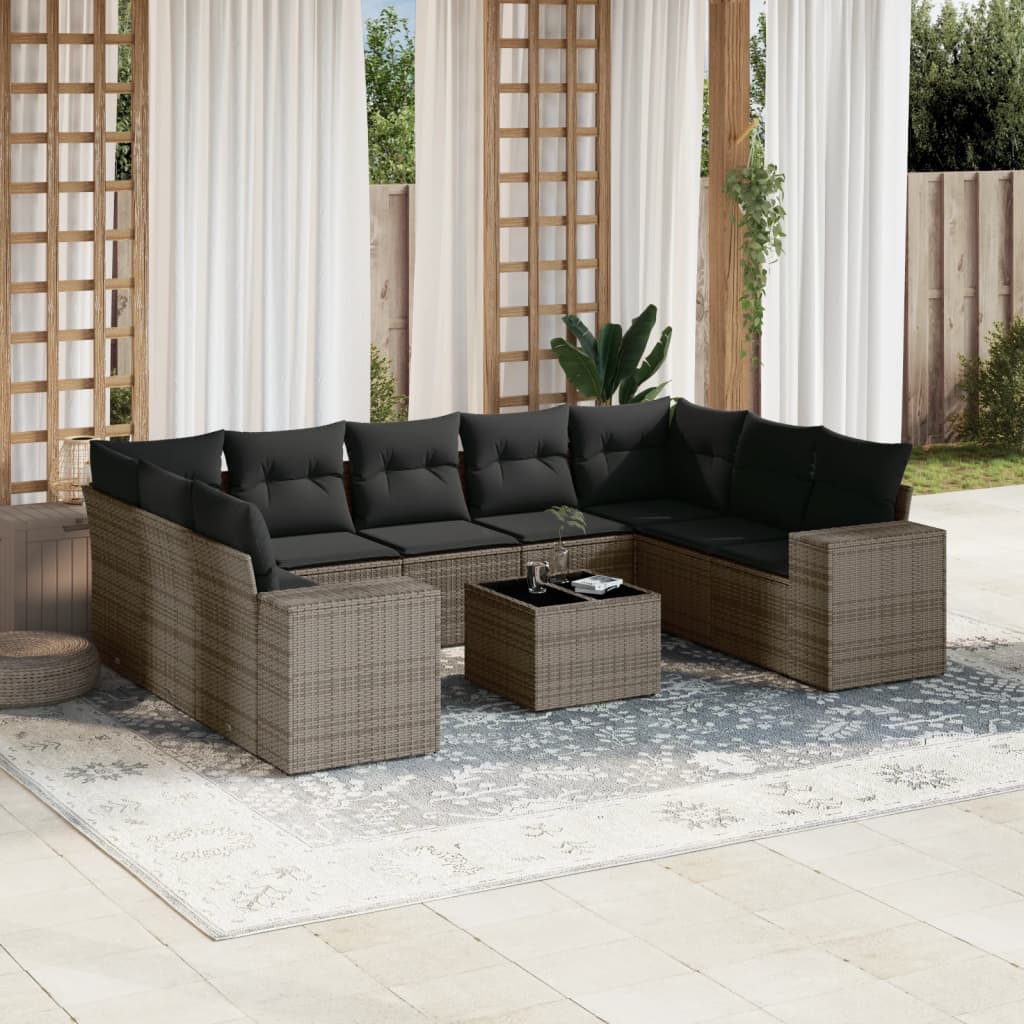 10 Pcs conjunto sofás de jardim c/ almofadões vime PE cinzento