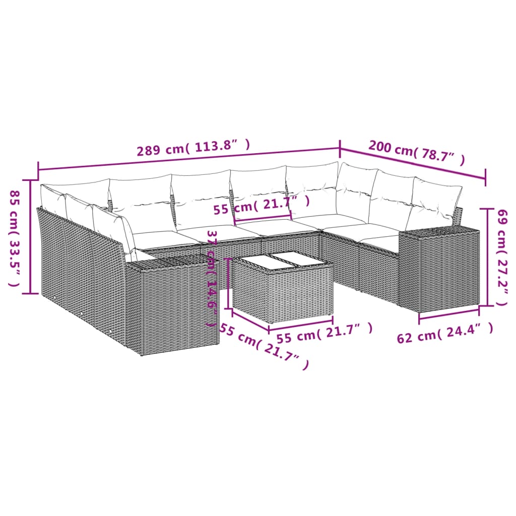 10 Pcs conjunto sofás de jardim c/ almofadões vime PE cinzento