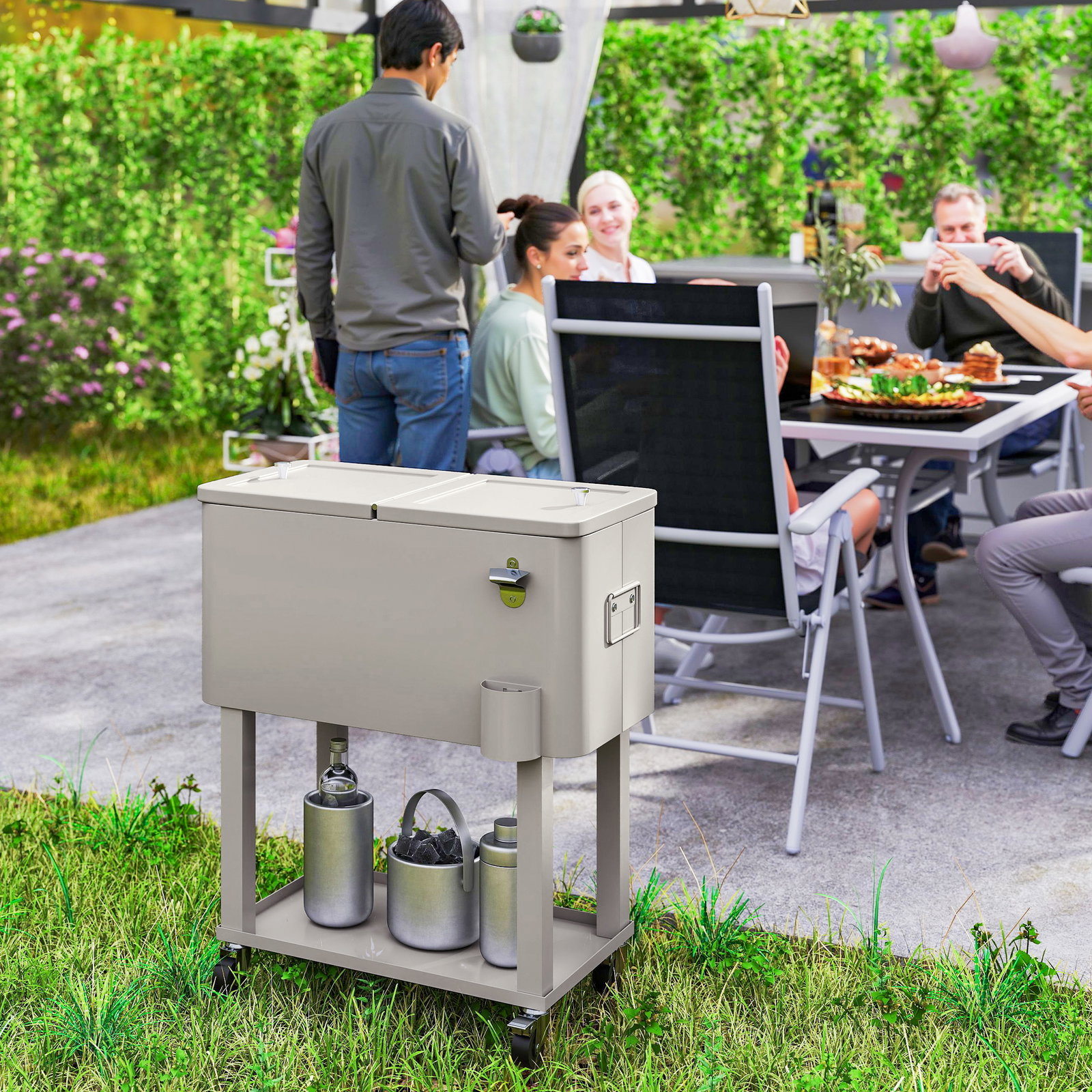 Carrinho refrigerador de bebidas de 56l com rodas abridor de garrafas e prateleira para pátio festas 67x35x80 cm cinzento claro