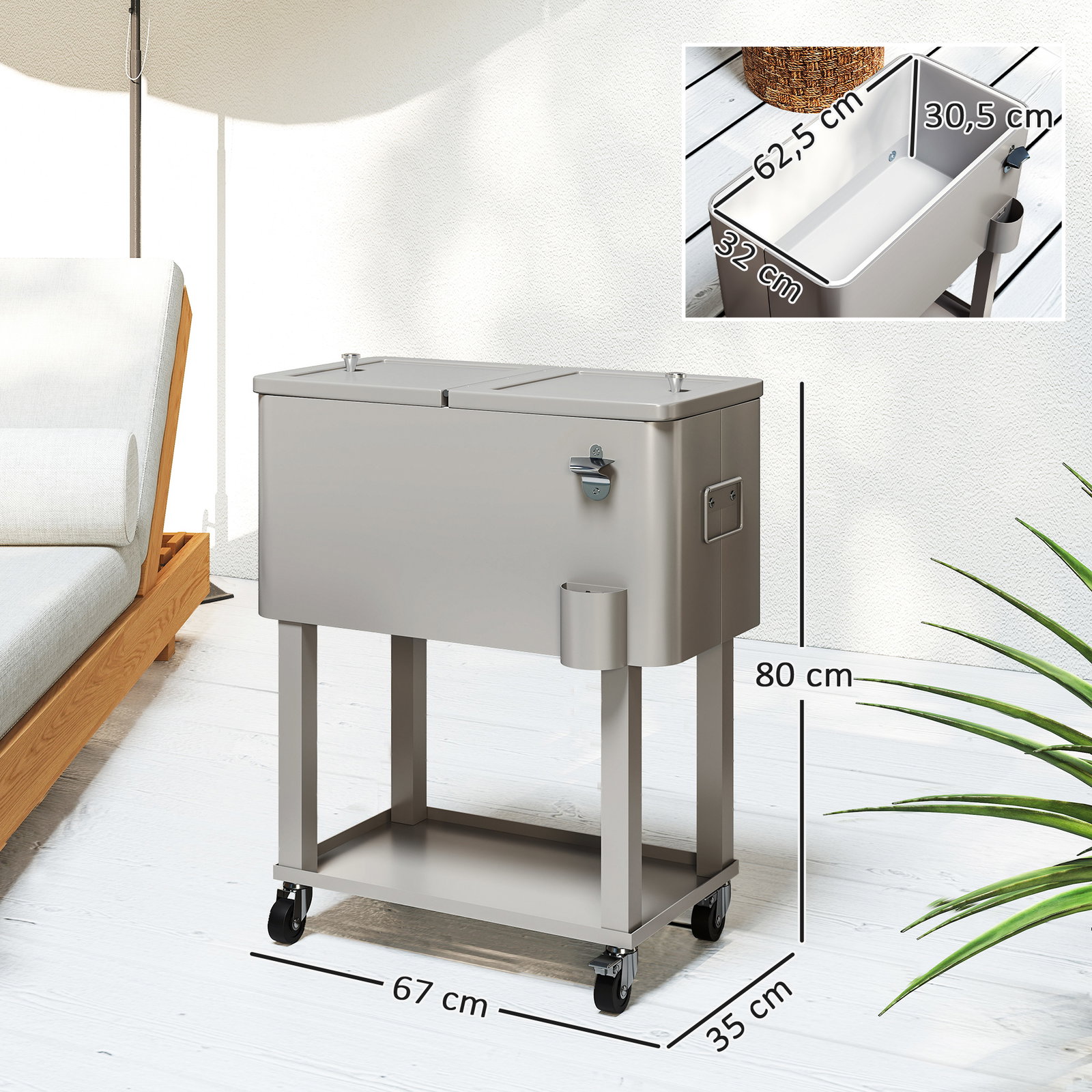 Carrinho refrigerador de bebidas de 56l com rodas abridor de garrafas e prateleira para pátio festas 67x35x80 cm cinzento claro