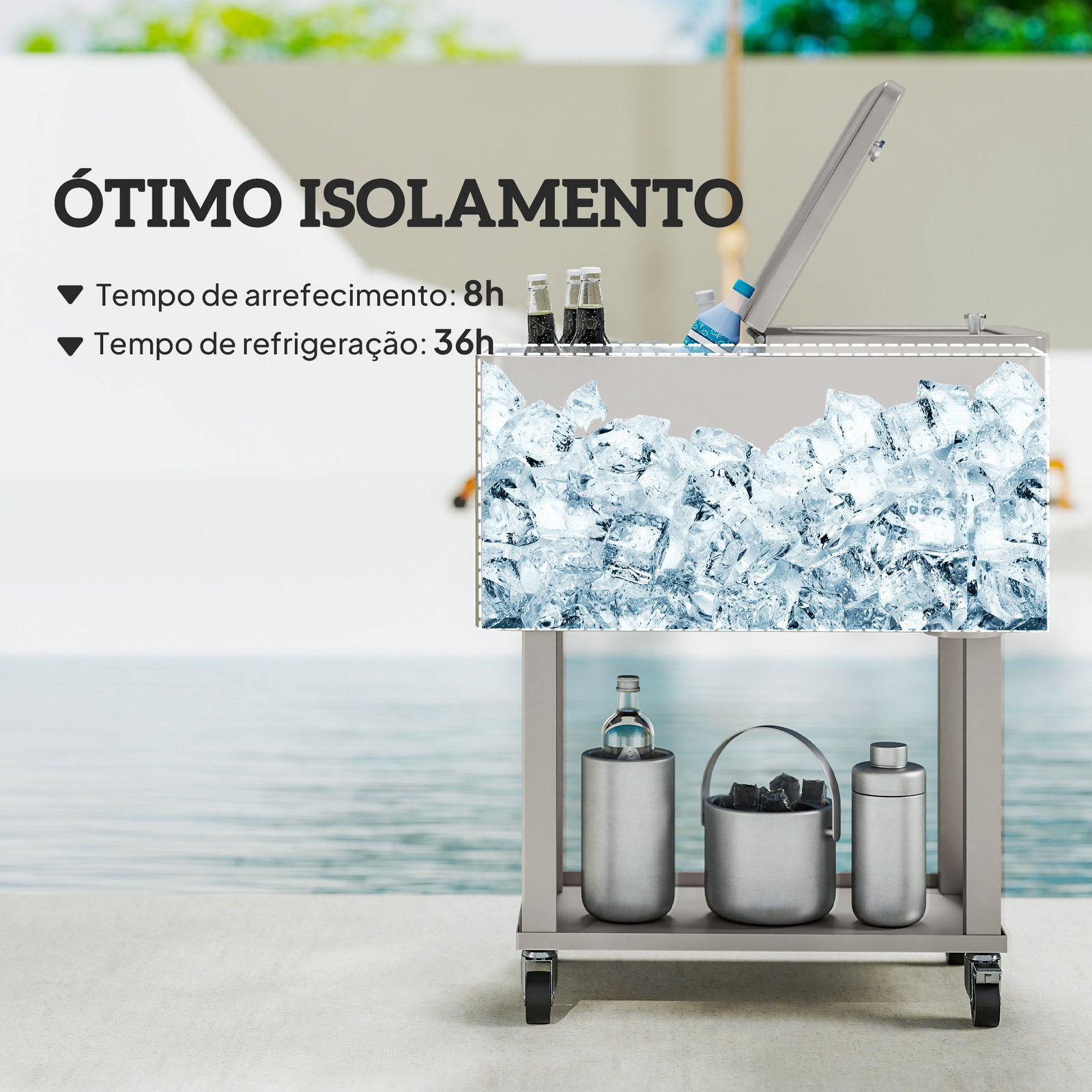 Carrinho refrigerador de bebidas de 56l com rodas abridor de garrafas e prateleira para pátio festas 67x35x80 cm cinzento claro