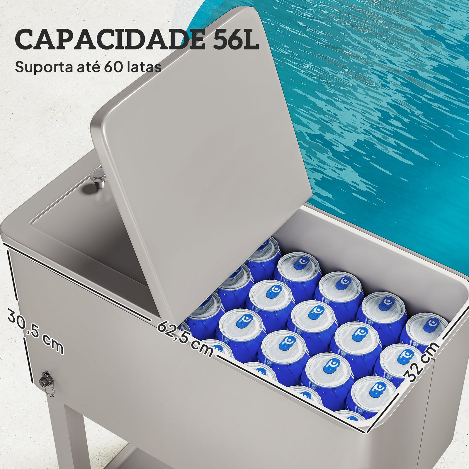 Carrinho refrigerador de bebidas de 56l com rodas abridor de garrafas e prateleira para pátio festas 67x35x80 cm cinzento claro