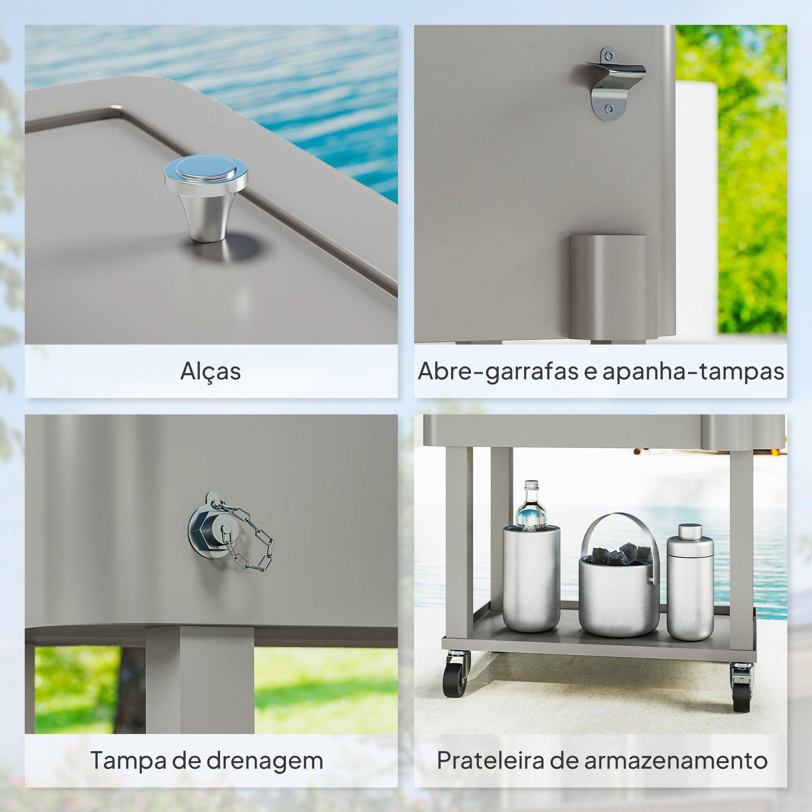 Carrinho refrigerador de bebidas de 56l com rodas abridor de garrafas e prateleira para pátio festas 67x35x80 cm cinzento claro