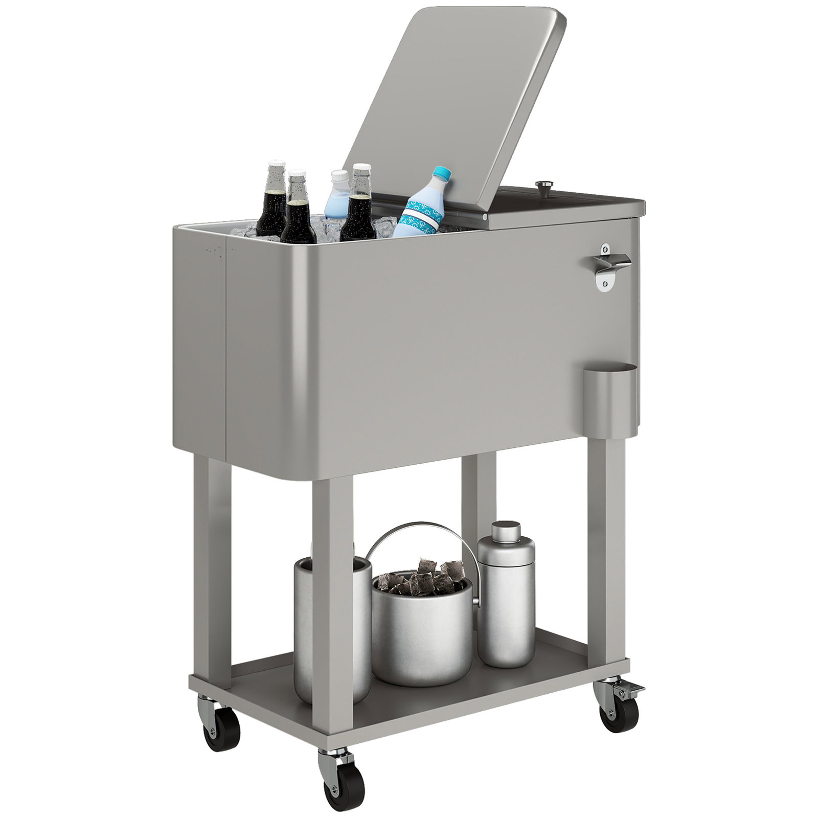 Carrinho refrigerador de bebidas de 56l com rodas abridor de garrafas e prateleira para pátio festas 67x35x80 cm cinzento claro