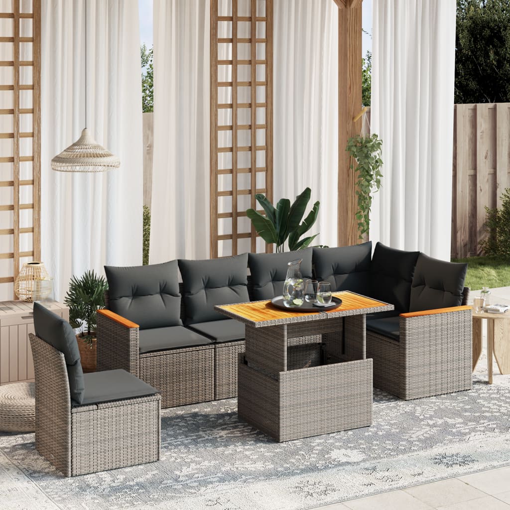 7 Pcs conjunto sofás p/ jardim c/ almofadões vime PE cinzento