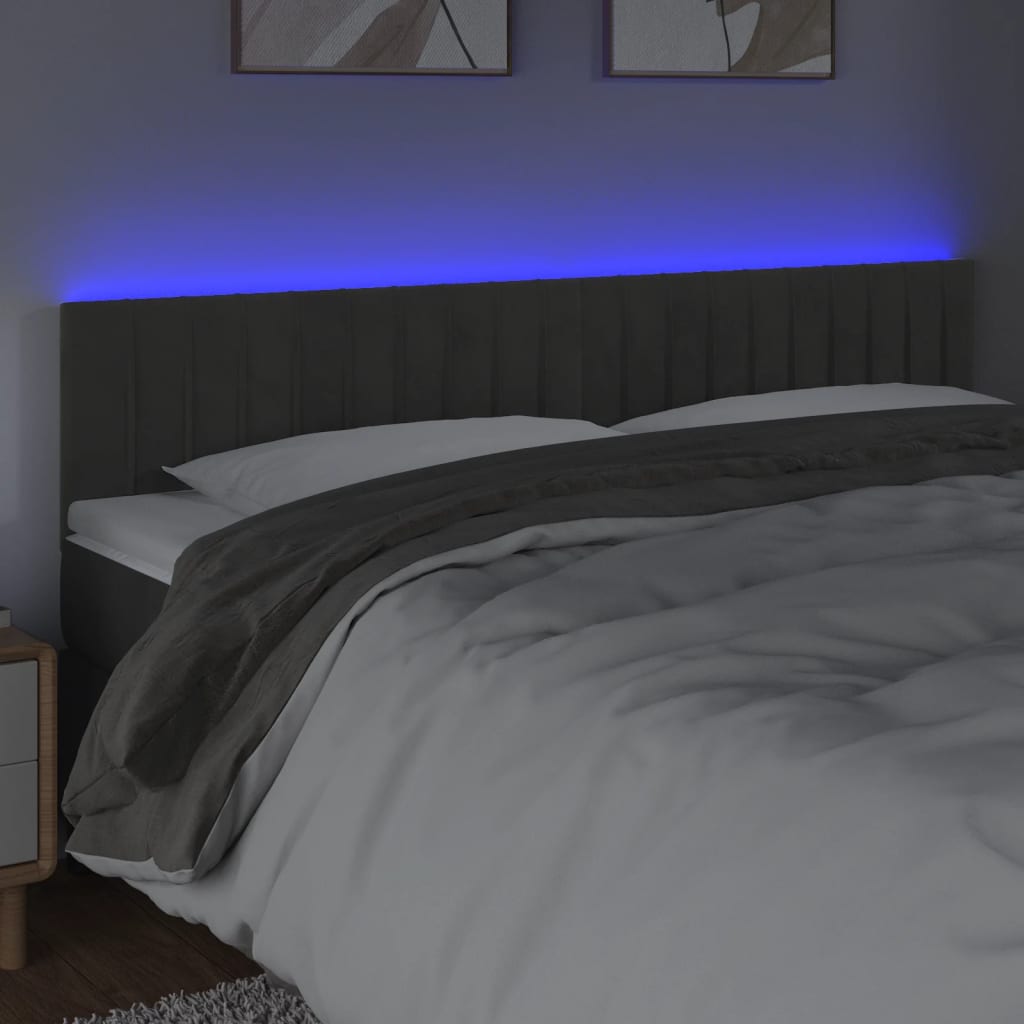 Cabeceira de cama c/luzes LED veludo 160x5x78/88cm cinza-escuro
