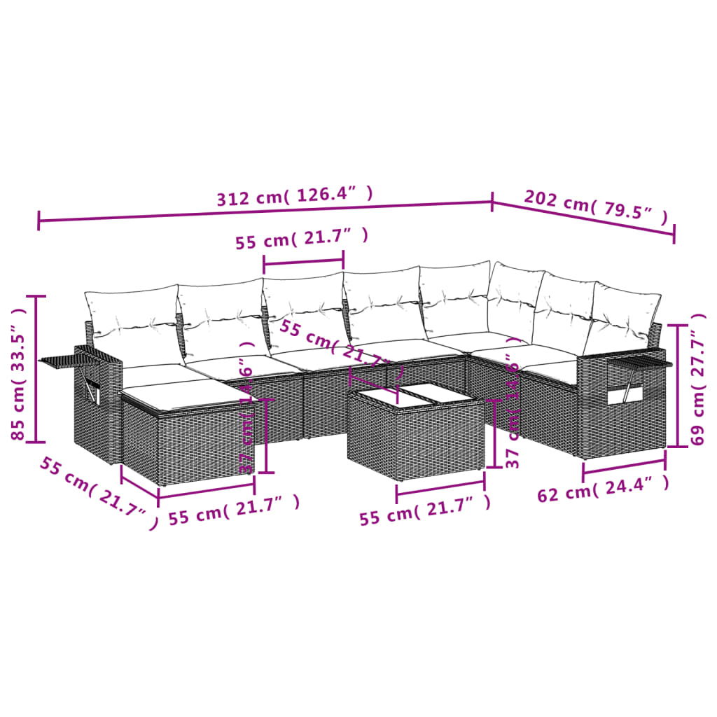 9 Pcs conjunto sofás p/ jardim com almofadões vime PE cinzento