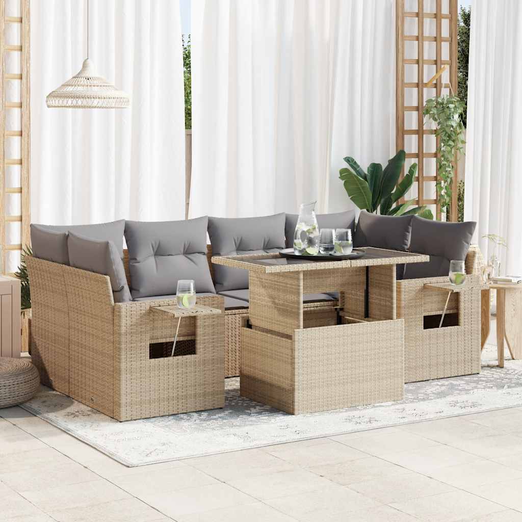 7 Pcs conjunto de sofás p/ jardim com almofadões vime PE bege