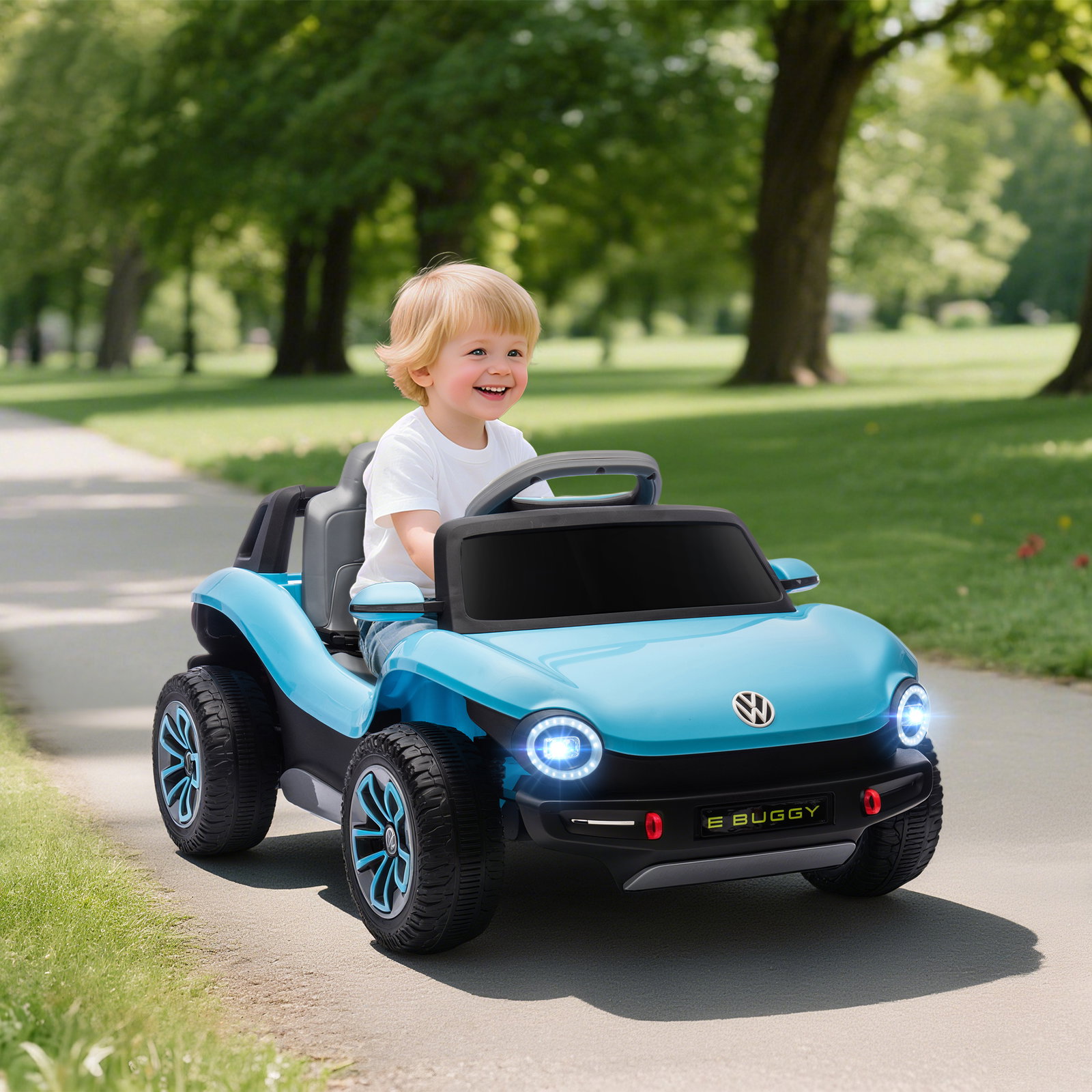 Carro elétrico para crianças volkswagen e-buggy bateria 12v com controlo remoto 2,4 g faróis LED música USB 98x56,5x47 cm azul