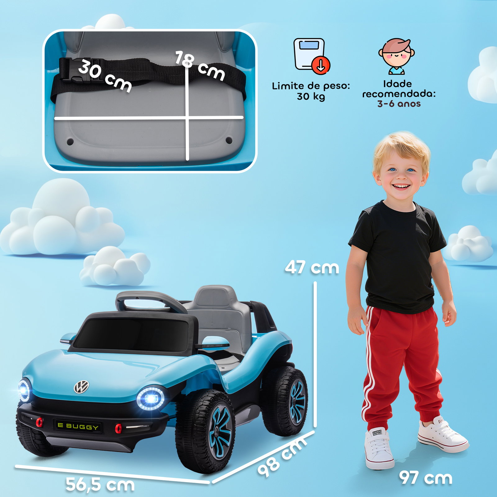 Carro elétrico para crianças volkswagen e-buggy bateria 12v com controlo remoto 2,4 g faróis LED música USB 98x56,5x47 cm azul