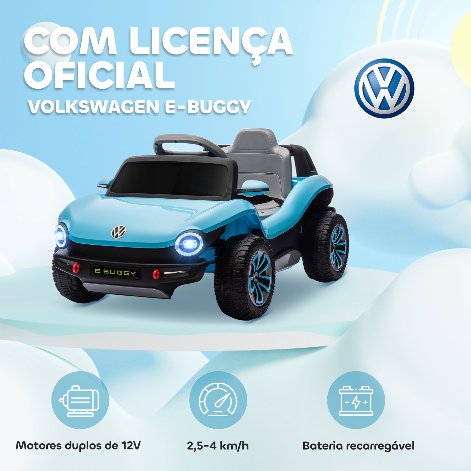 Carro elétrico para crianças volkswagen e-buggy bateria 12v com controlo remoto 2,4 g faróis LED música USB 98x56,5x47 cm azul