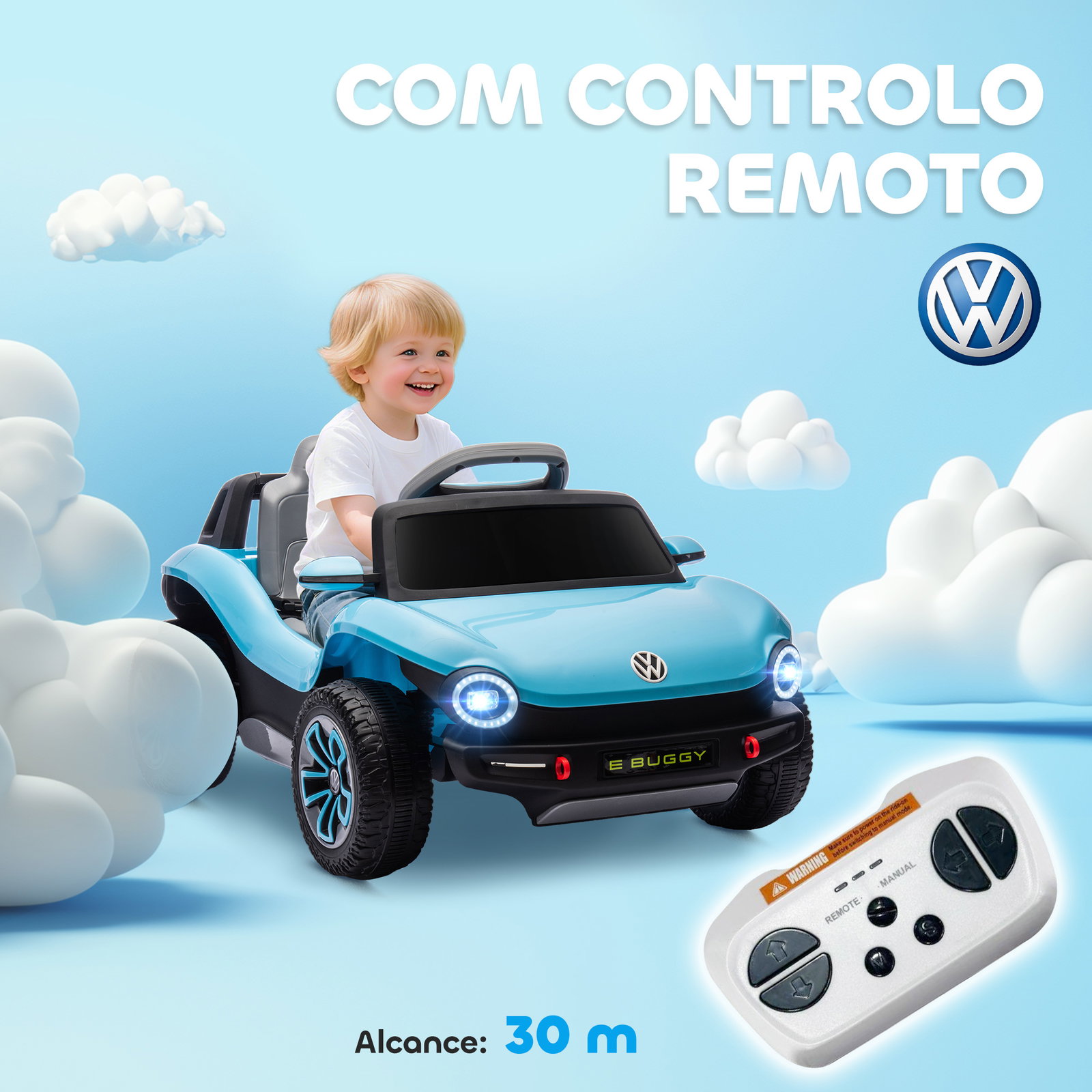 Carro elétrico para crianças volkswagen e-buggy bateria 12v com controlo remoto 2,4 g faróis LED música USB 98x56,5x47 cm azul