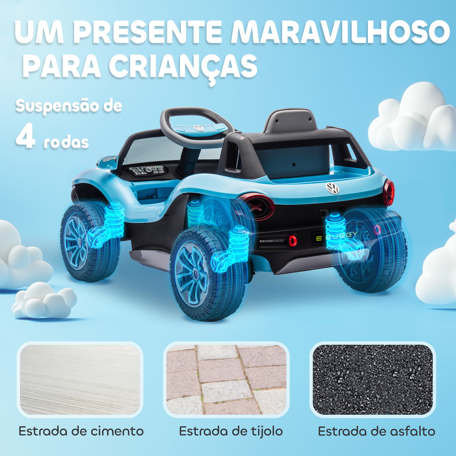 Carro elétrico para crianças volkswagen e-buggy bateria 12v com controlo remoto 2,4 g faróis LED música USB 98x56,5x47 cm azul