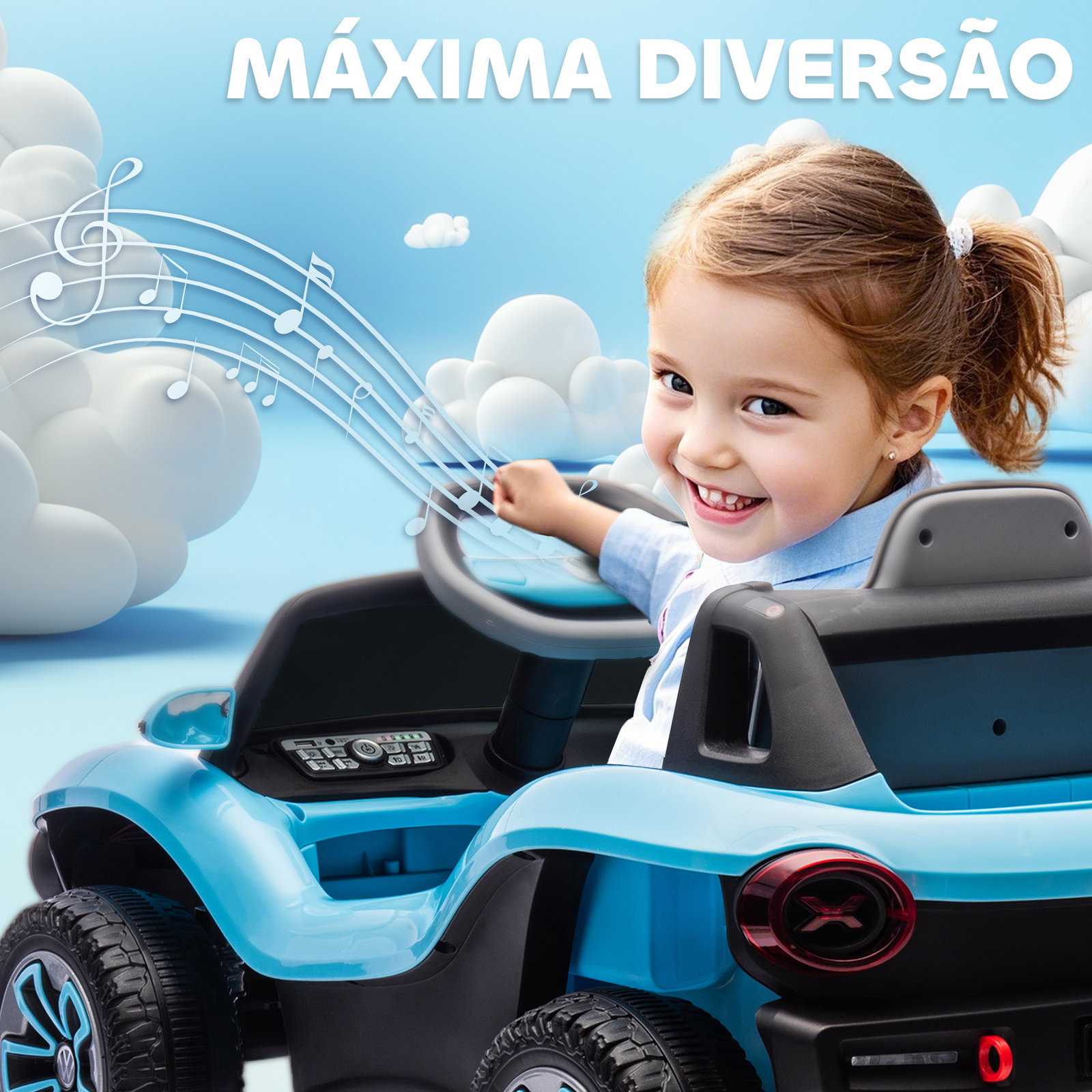 Carro elétrico para crianças volkswagen e-buggy bateria 12v com controlo remoto 2,4 g faróis LED música USB 98x56,5x47 cm azul