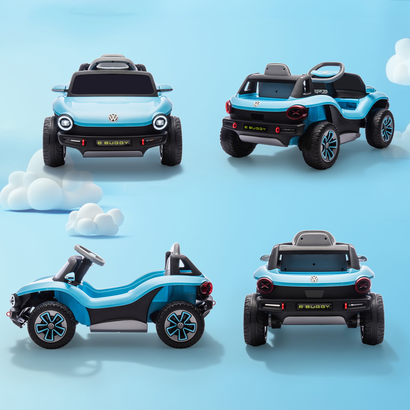 Carro elétrico para crianças volkswagen e-buggy bateria 12v com controlo remoto 2,4 g faróis LED música USB 98x56,5x47 cm azul