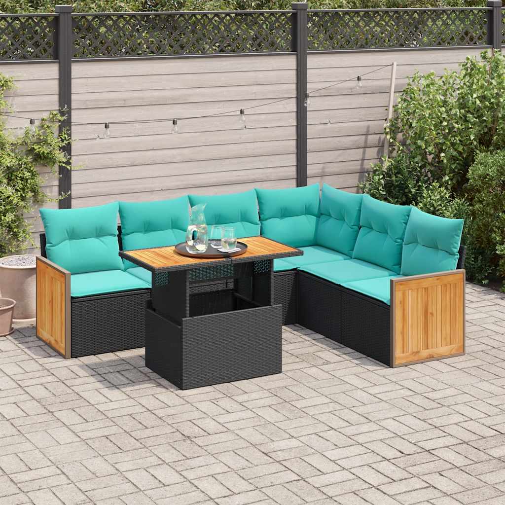7 Pcs conjunto sofás jardim c/ almofadões vime PE/acácia preto