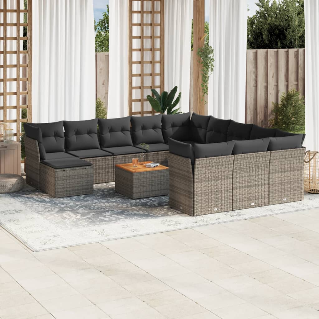 13 Pcs conjunto sofás p/ jardim c/ almofadões vime PE cinzento