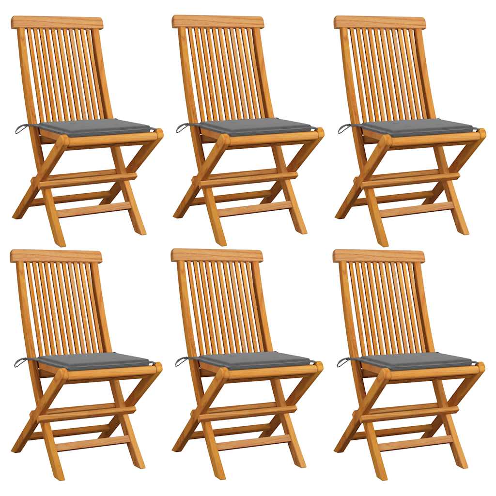 Cadeiras de jardim c/ almofadões cinzentos 6 pcs teca maciça