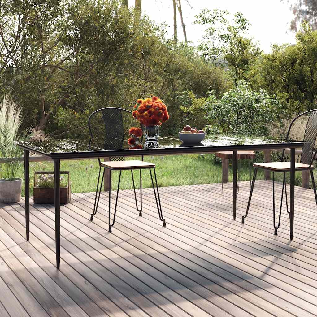 Mesa de jantar de jardim preta, 200x100x74cm, em aço e vidro temperado