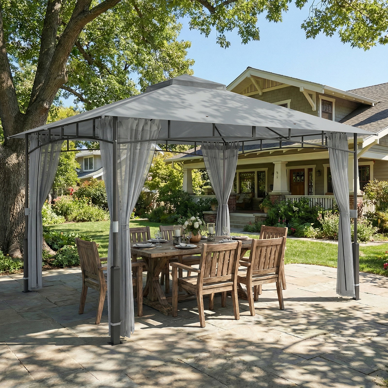 Carpa para jardim com telhado duplo gazebo com paredes de rede upf50+ para exterior terraço 360x300x275 cm cinzento