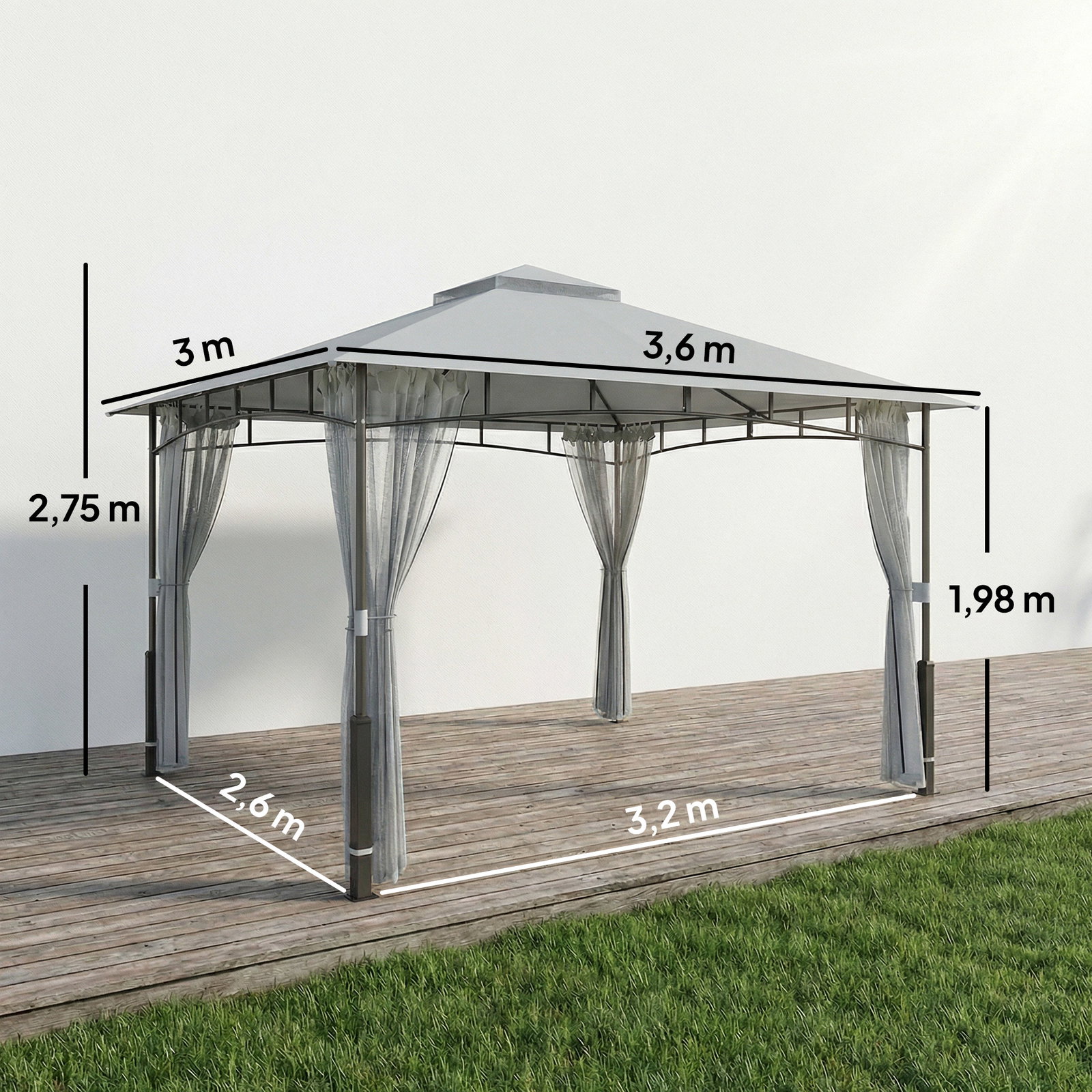Carpa para jardim com telhado duplo gazebo com paredes de rede upf50+ para exterior terraço 360x300x275 cm cinzento