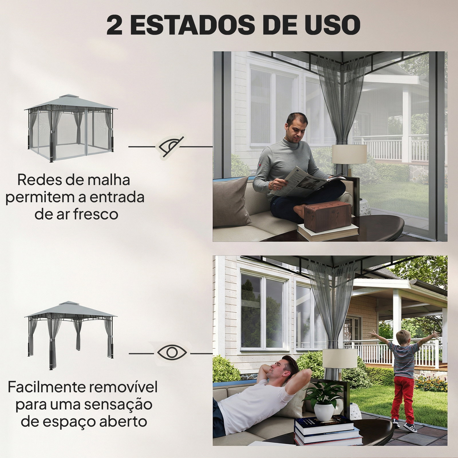 Carpa para jardim com telhado duplo gazebo com paredes de rede upf50+ para exterior terraço 360x300x275 cm cinzento