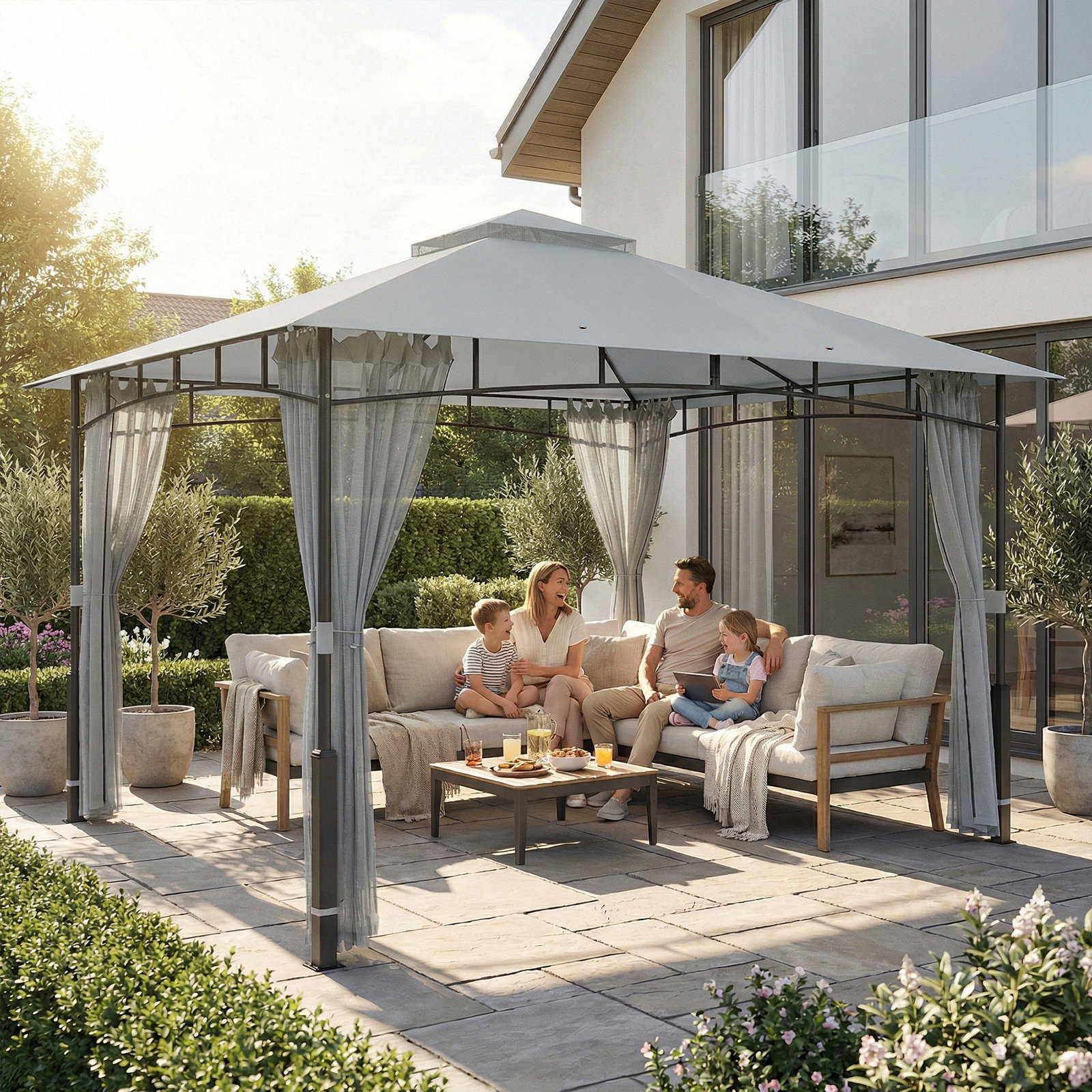 Carpa para jardim com telhado duplo gazebo com paredes de rede upf50+ para exterior terraço 360x300x275 cm cinzento