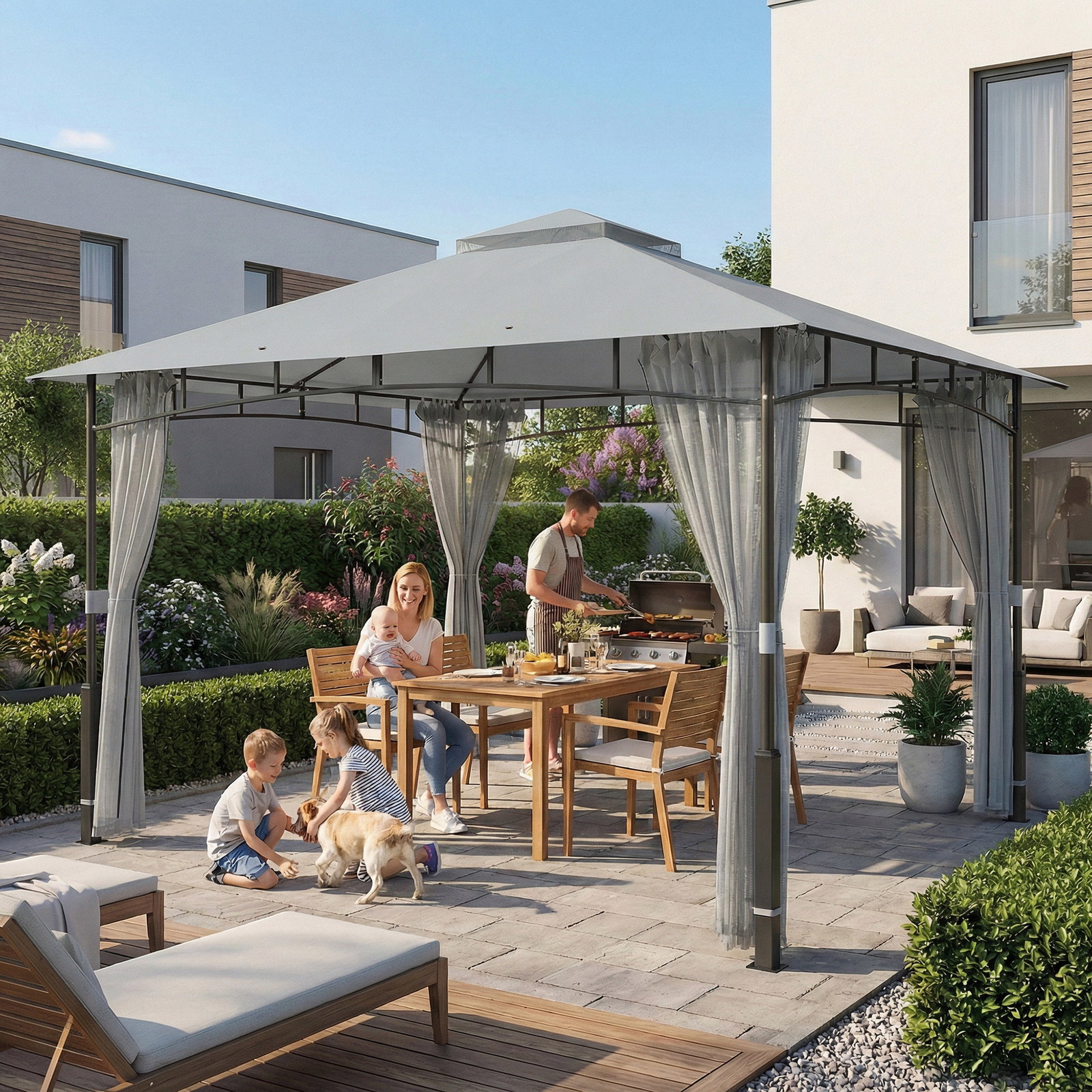 Carpa para jardim com telhado duplo gazebo com paredes de rede upf50+ para exterior terraço 360x300x275 cm cinzento