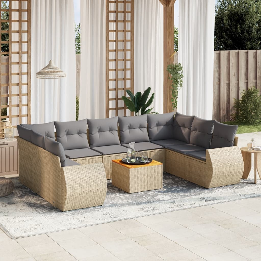 10 Pcs conjunto de sofás p/ jardim com almofadões vime PE bege