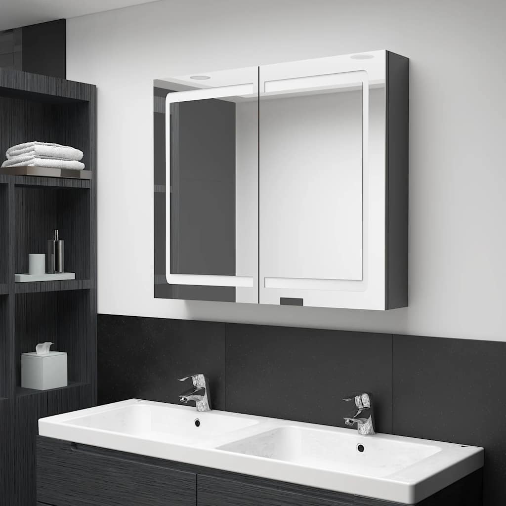 Armário espelhado casa de banho LED 80x12x68 cm cinza brilhante