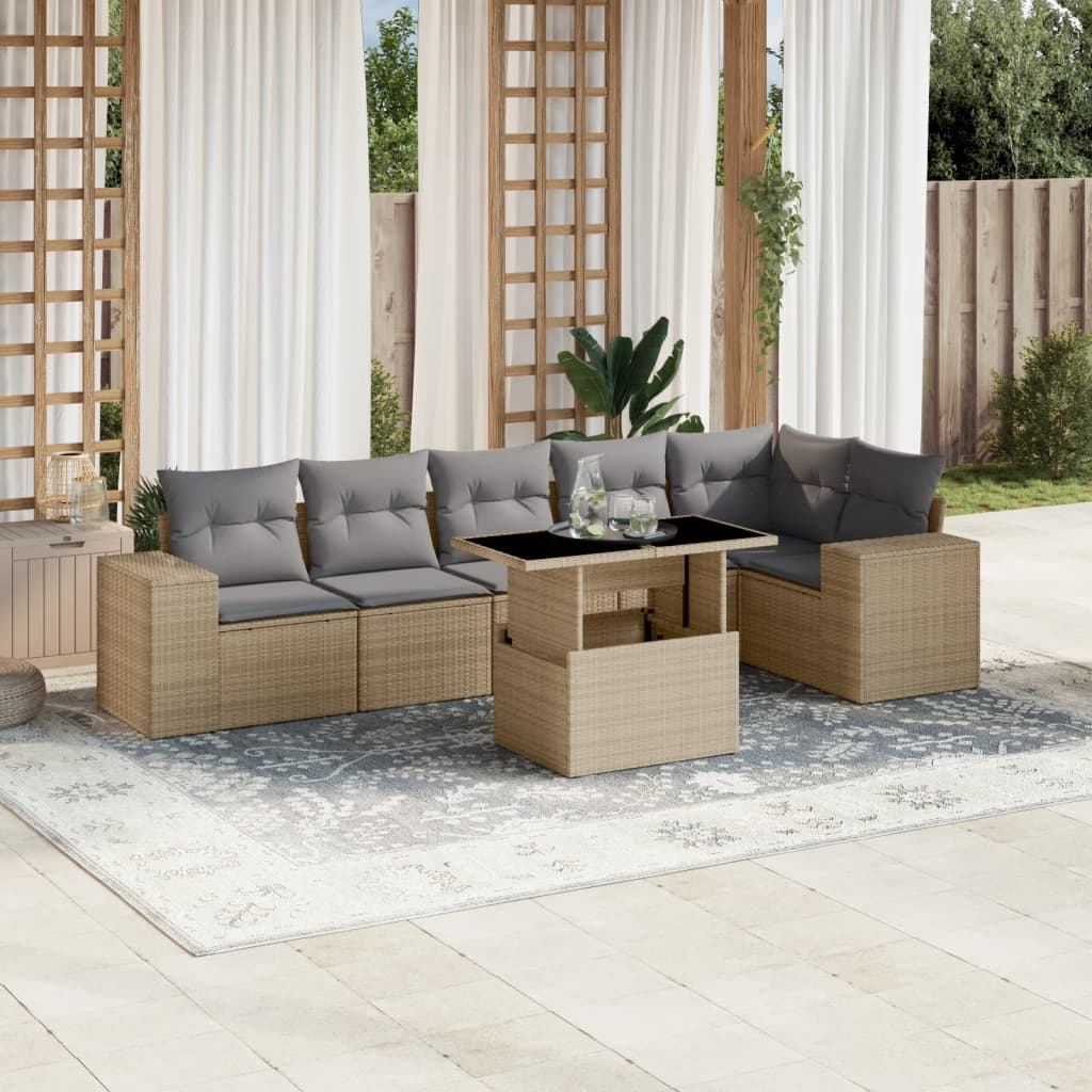 7 Pcs conjunto de sofás p/ jardim com almofadões vime PE bege