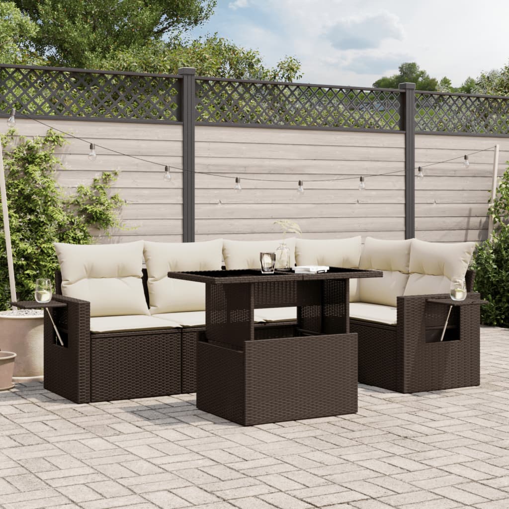 6 Pcs conjunto de sofás jardim c/ almofadões vime PE castanho
